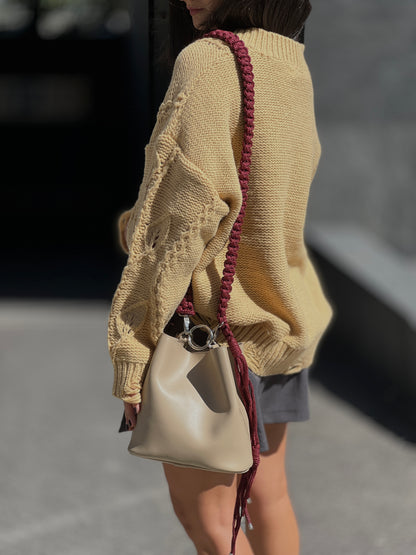Чанта с ръчно плетена дръжка THE BUCKET / BEIGE AND BURGUNDY
