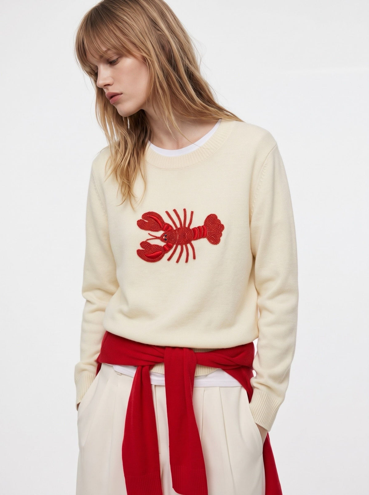 LOBSTER CLUB | Кремав пуловер с бродерия от мъниста